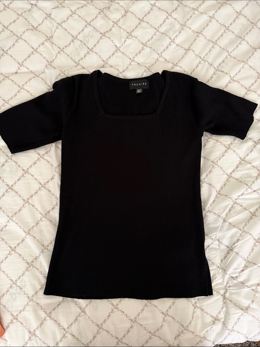 Premise Black Ribbed Short-Sleeve Square Neck Top 1/2 Sleeve